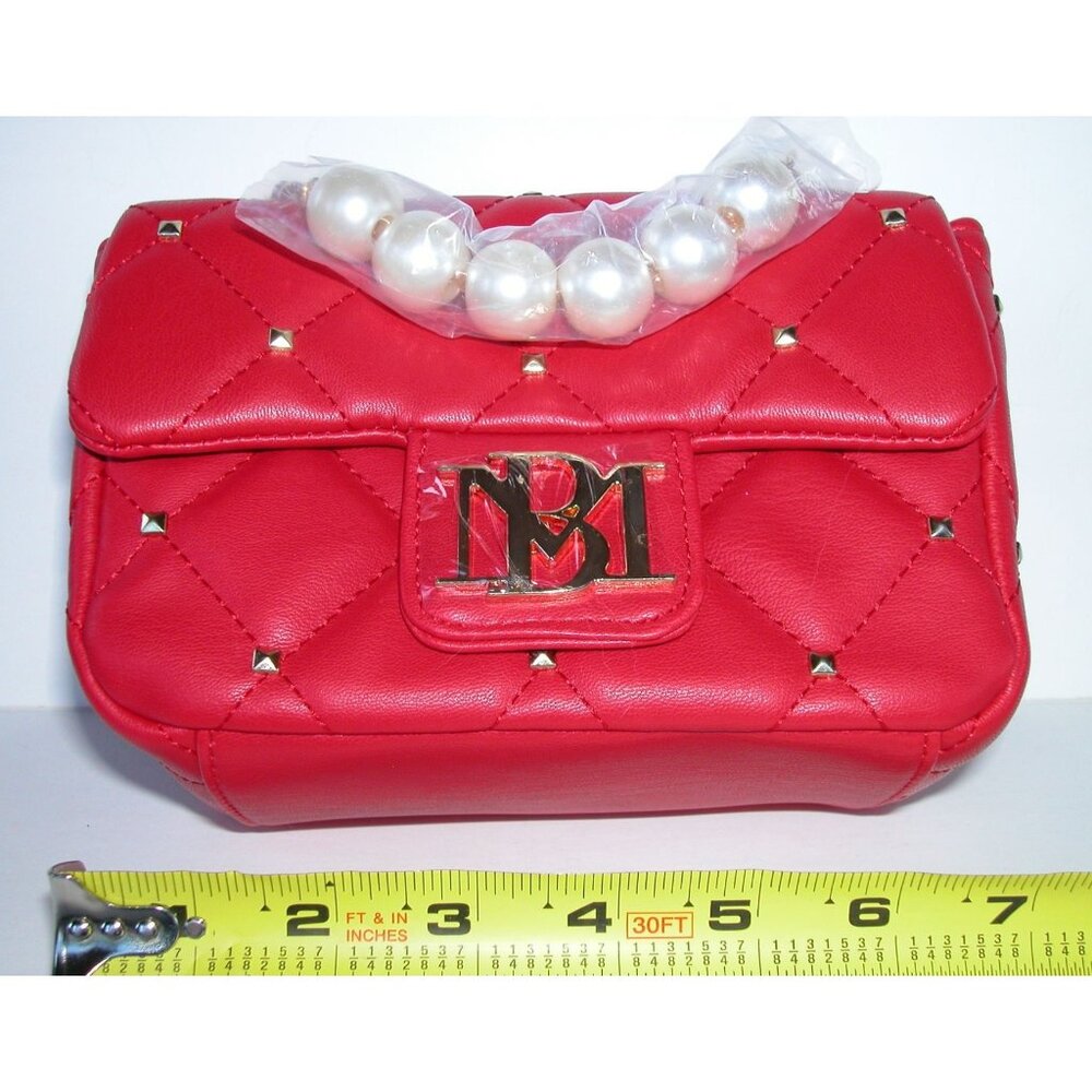 Badgley Mischka Red Quilted Vegan Leather Shoulder Bag W/ Pearl Handle & Gold